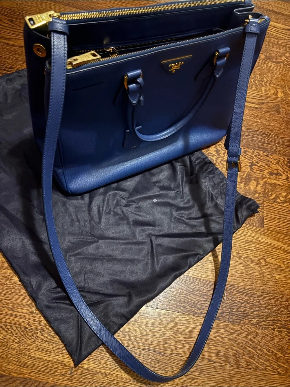 Prada Navy Saffiano Leather Satchel with Gold Hardware
